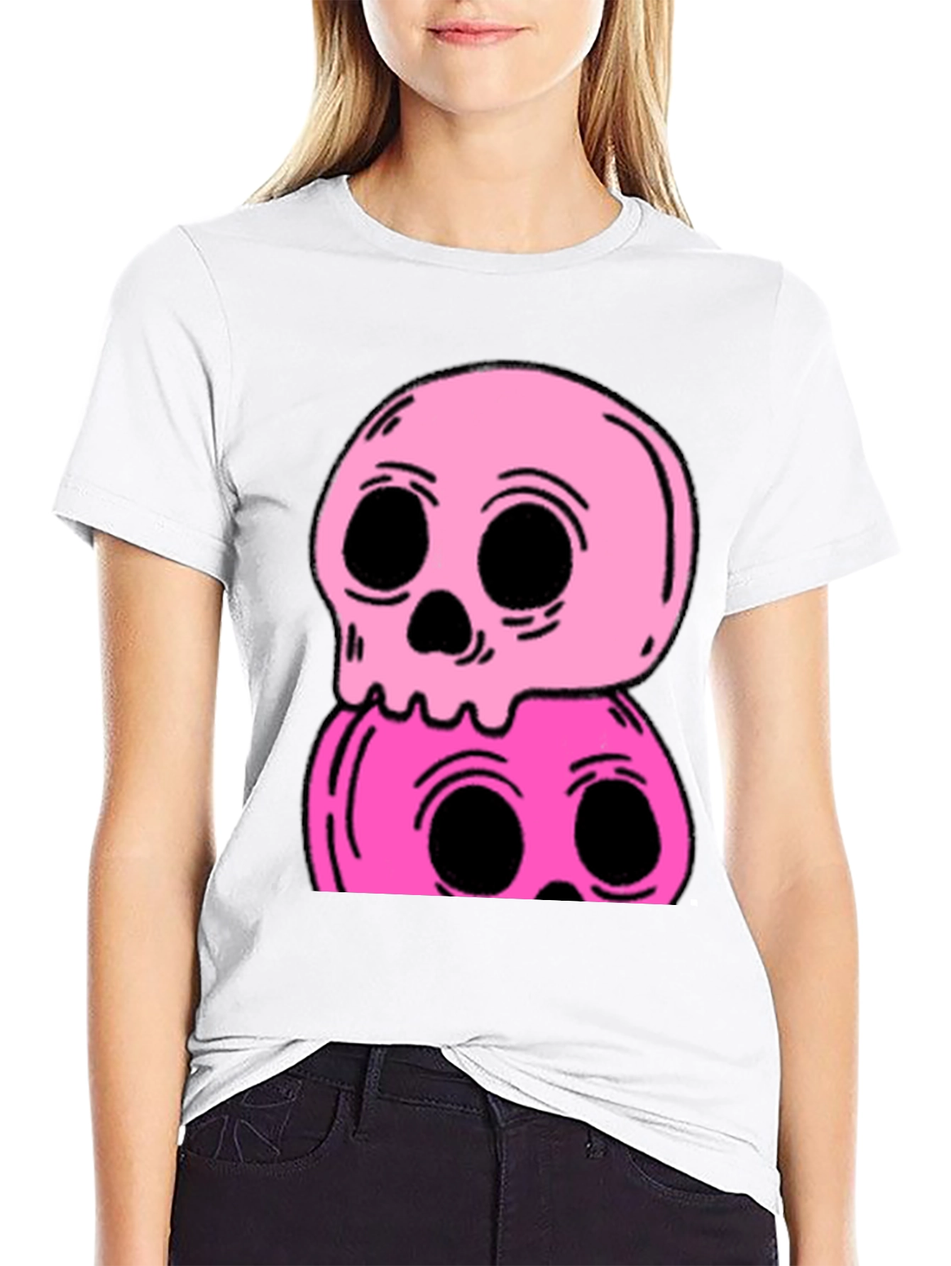 Stacked Skull Tee - Edgy Pink Graphic Print