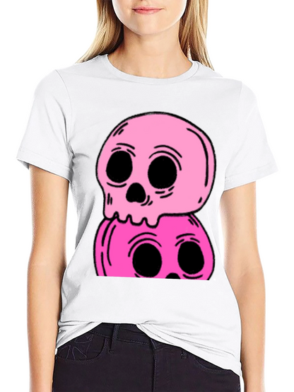 Stacked Skull Tee - Edgy Pink Graphic Print