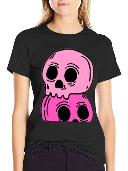 Stacked Skull Tee - Edgy Pink Graphic Print