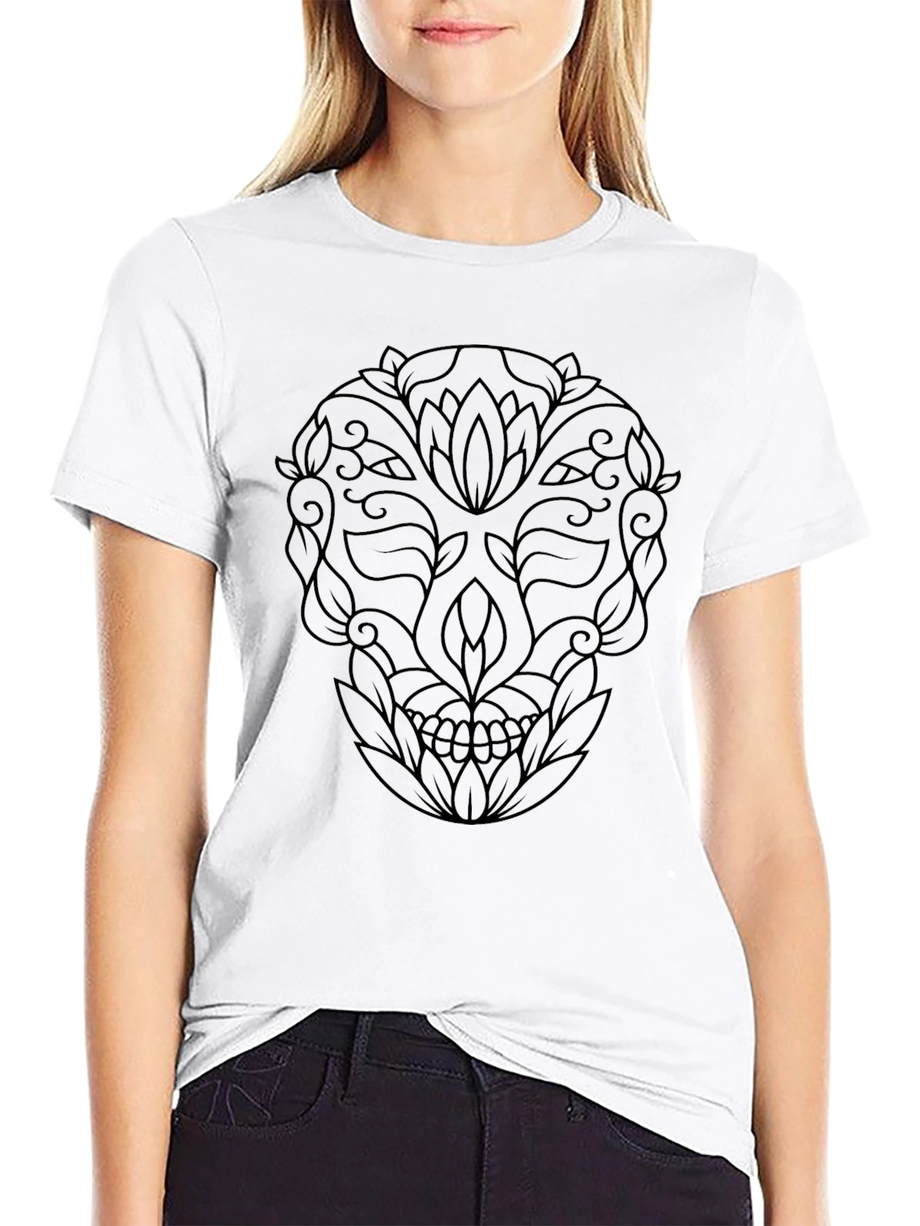 Floral Skull Graphic Tee - Stylish Black T-Shirt