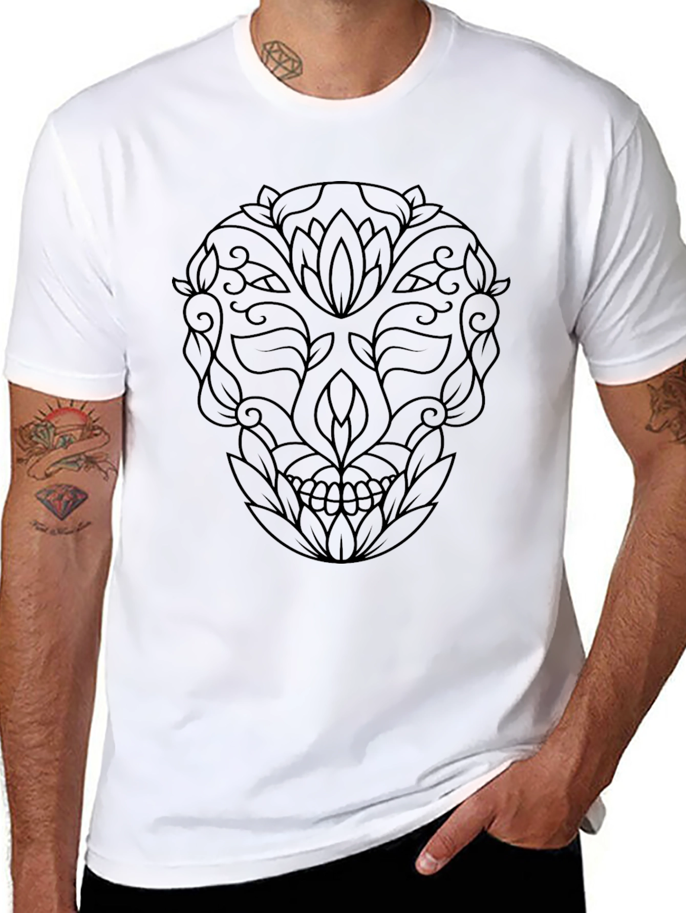 Floral Skull Graphic Tee - Stylish Black T-Shirt