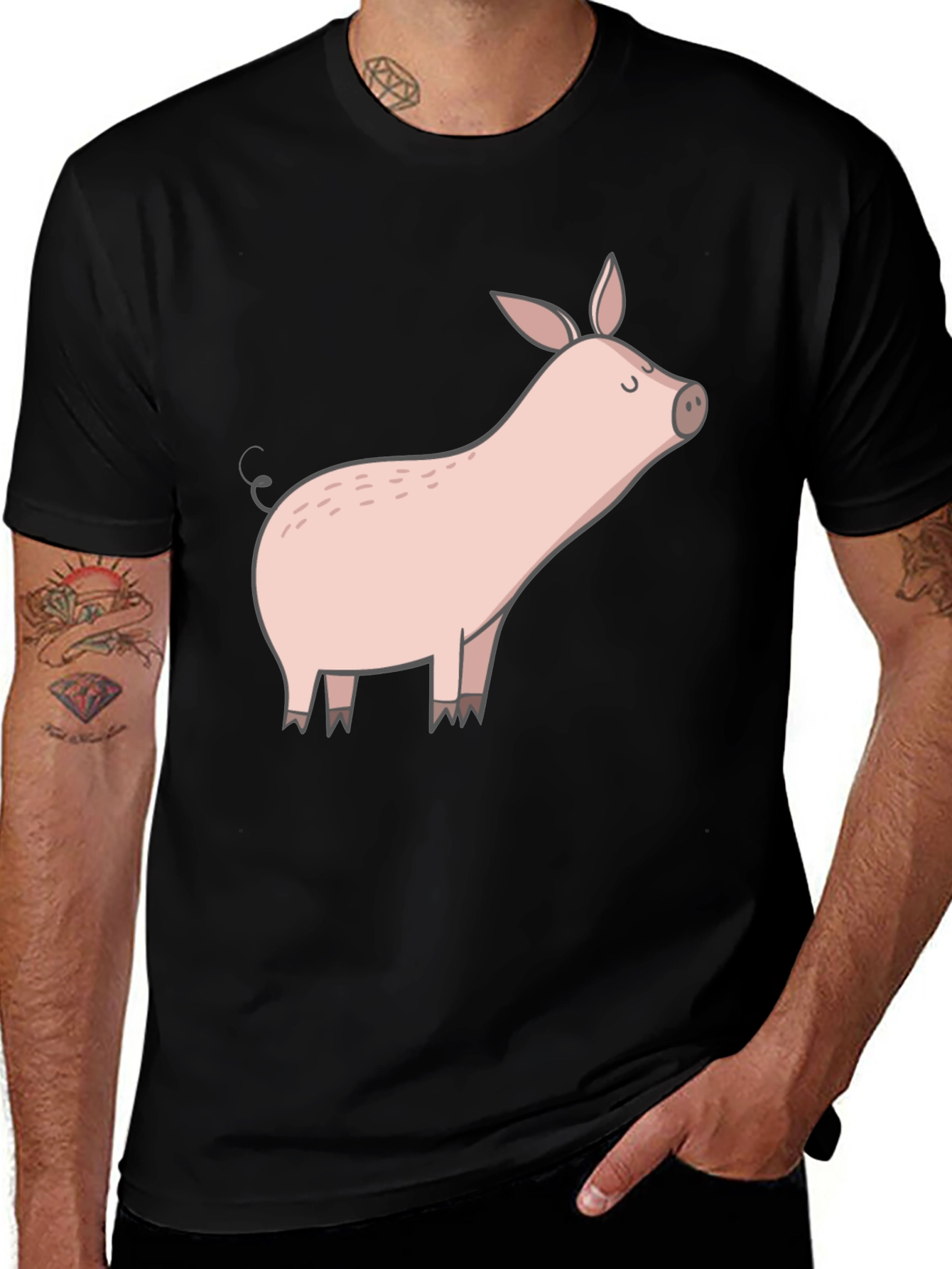 Black T-Shirt with Cute Pig Graphic