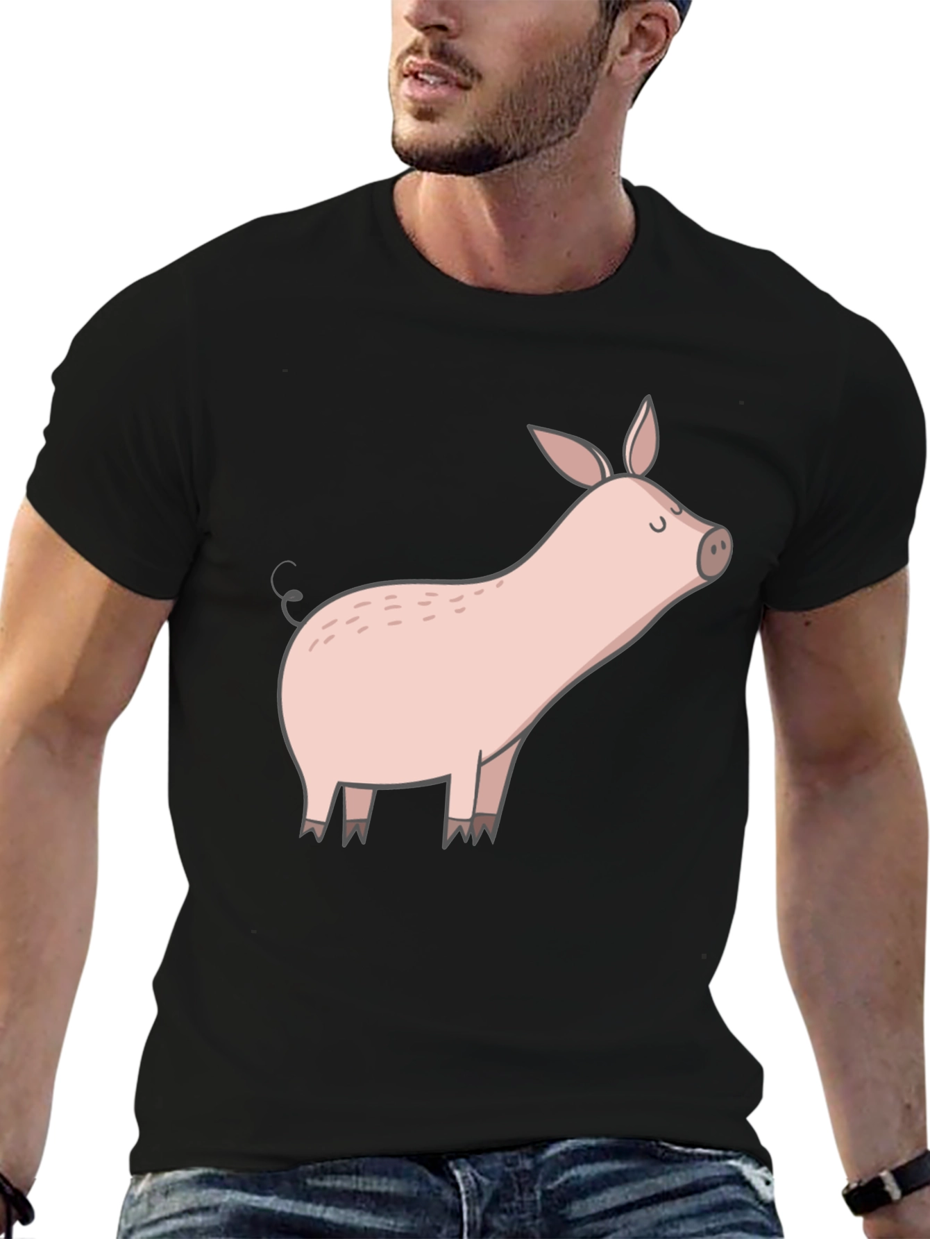 Black T-Shirt with Cute Pig Graphic