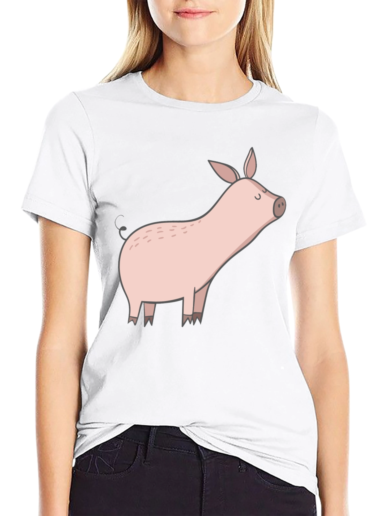 Black T-Shirt with Cute Pig Graphic