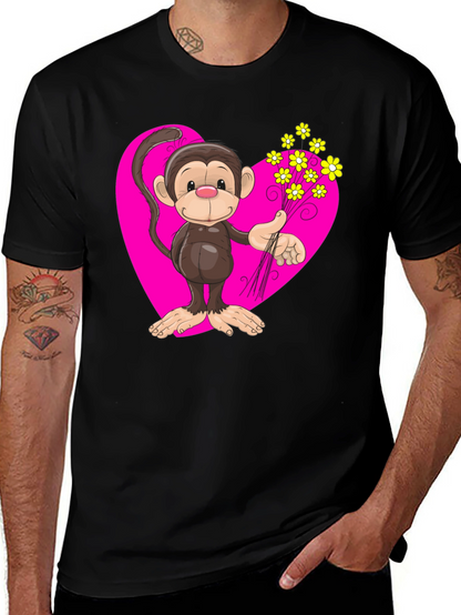 Monkey Love T-Shirt - Cartoon Heart Flowers
