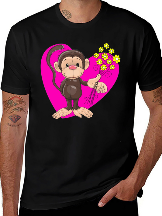 Monkey Love T-Shirt - Cartoon Heart Flowers