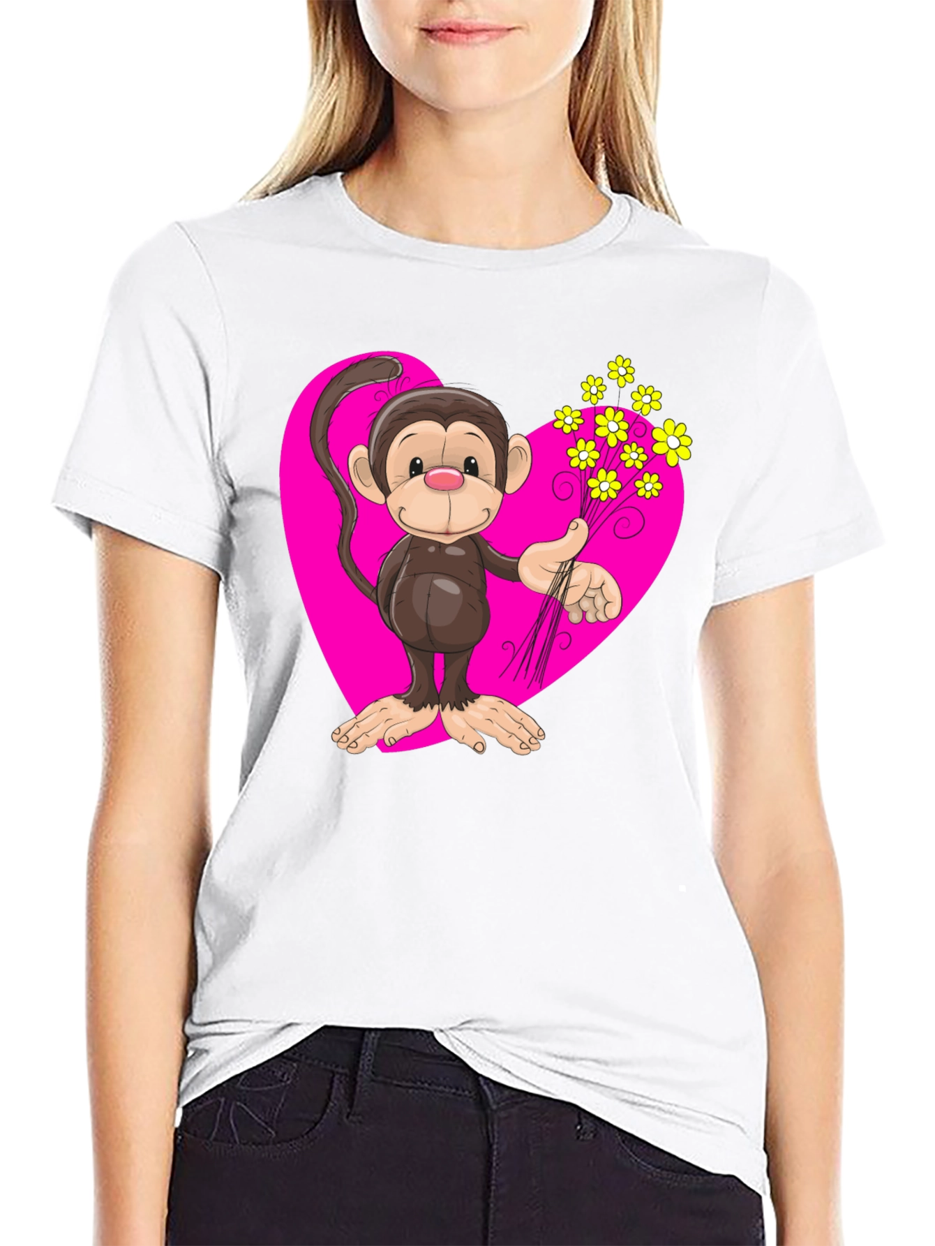 Monkey Love T-Shirt - Cartoon Heart Flowers