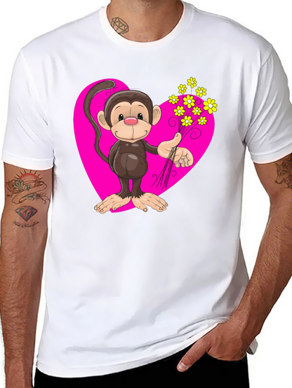 Monkey Love T-Shirt - Cartoon Heart Flowers