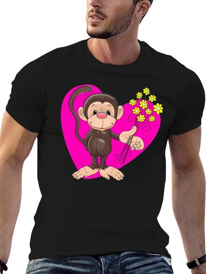 Monkey Love T-Shirt - Cartoon Heart Flowers