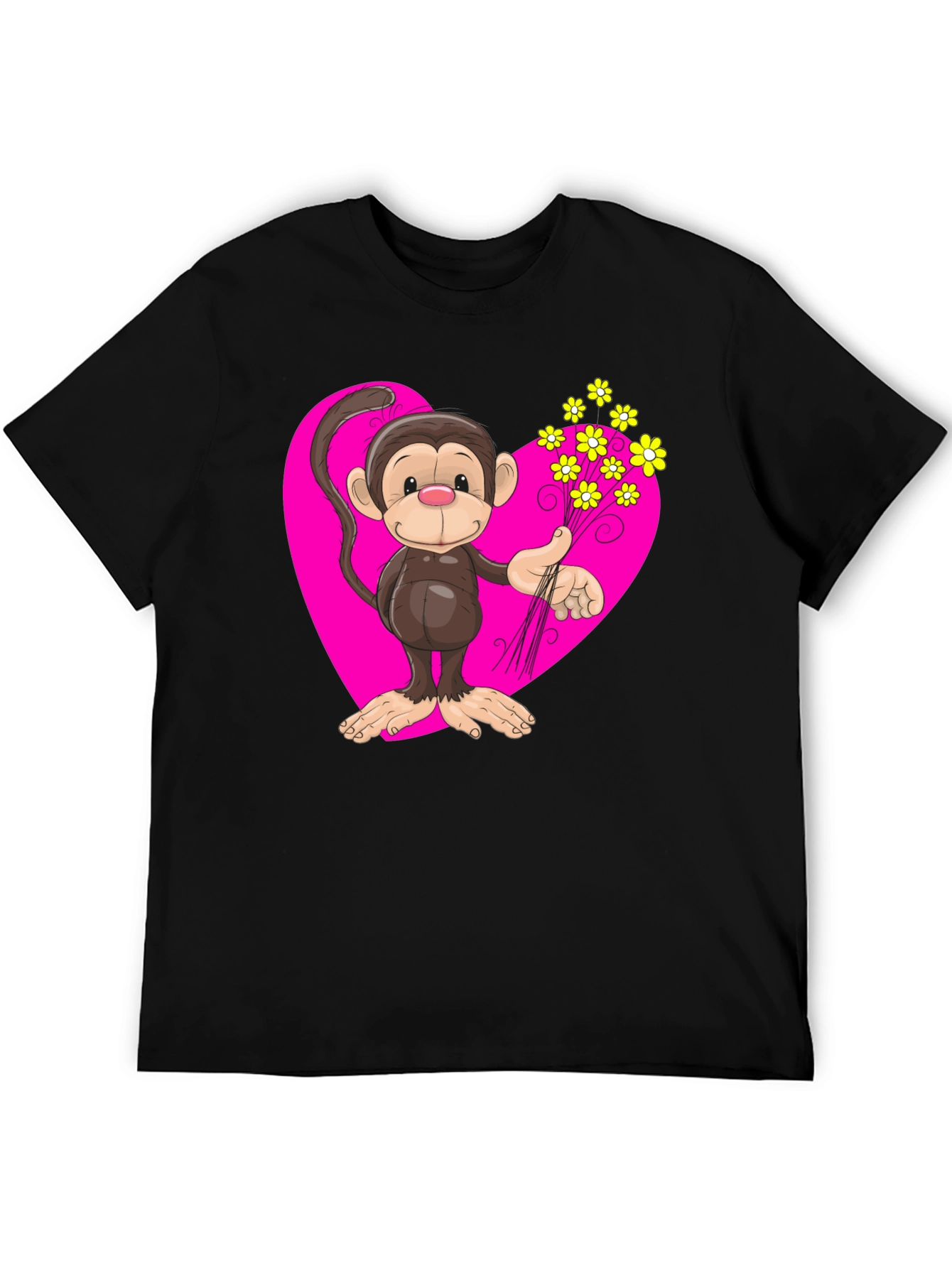Monkey Love T-Shirt - Cartoon Heart Flowers