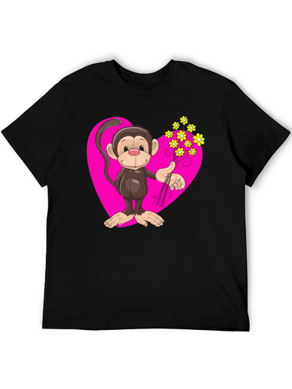 Monkey Love T-Shirt - Cartoon Heart Flowers