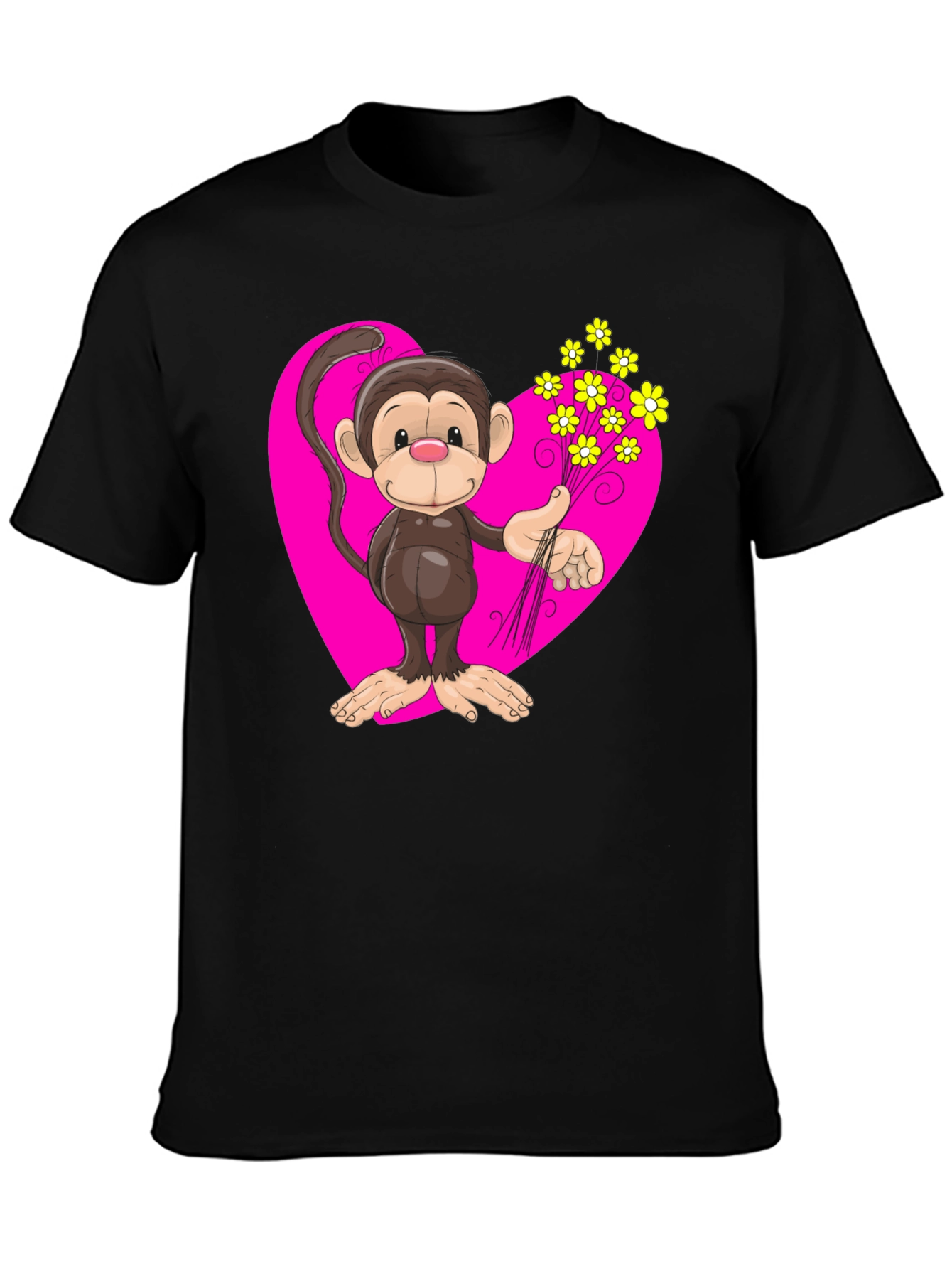 Monkey Love T-Shirt - Cartoon Heart Flowers