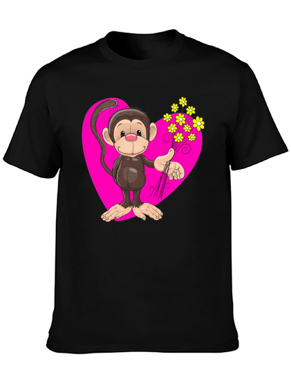 Monkey Love T-Shirt - Cartoon Heart Flowers