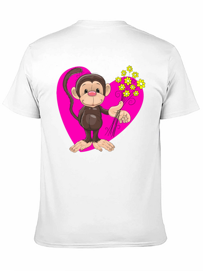 Monkey Love T-Shirt - Cartoon Heart Flowers
