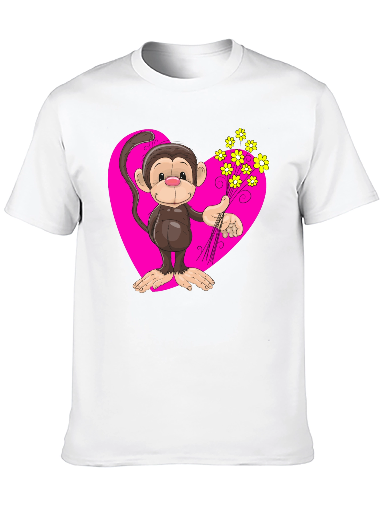 Monkey Love T-Shirt - Cartoon Heart Flowers
