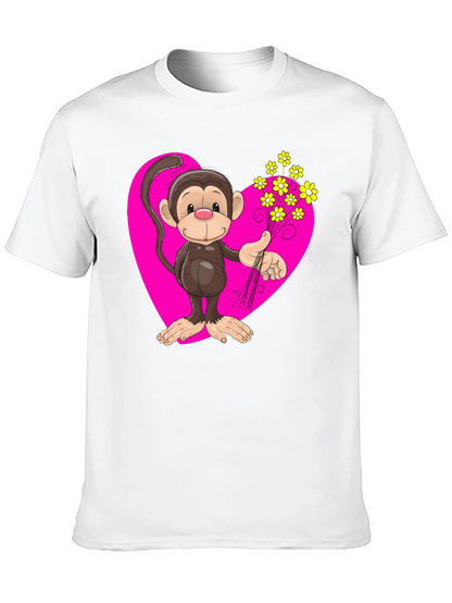 Monkey Love T-Shirt - Cartoon Heart Flowers