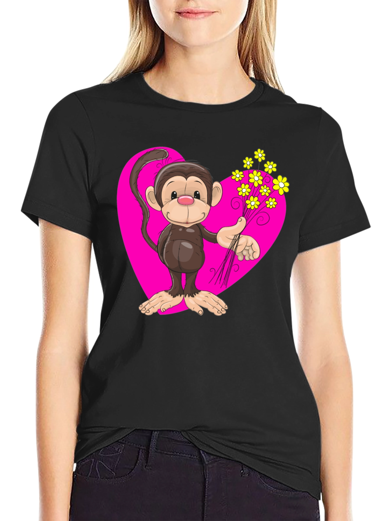 Monkey Love T-Shirt - Cartoon Heart Flowers