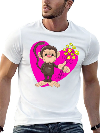 Monkey Love T-Shirt - Cartoon Heart Flowers