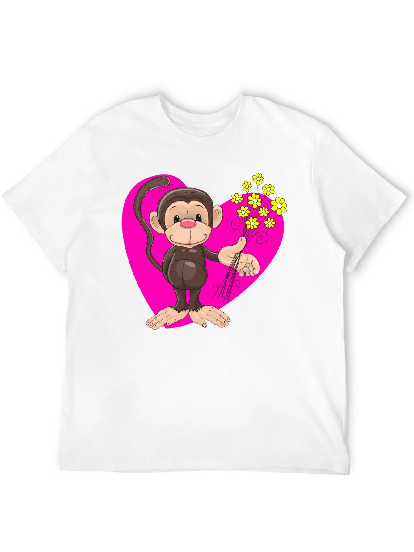 Monkey Love T-Shirt - Cartoon Heart Flowers