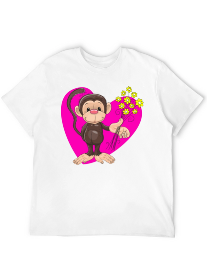 Monkey Love T-Shirt - Cartoon Heart Flowers