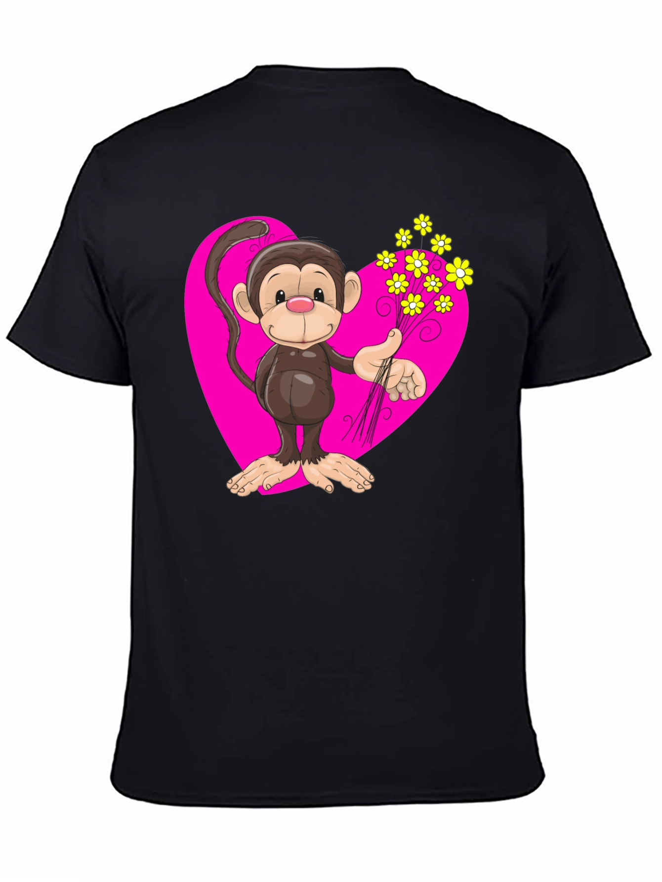 Monkey Love T-Shirt - Cartoon Heart Flowers