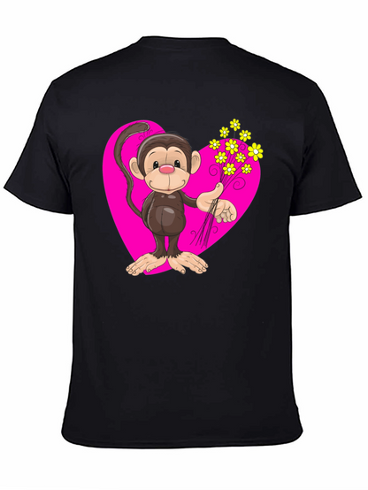 Monkey Love T-Shirt - Cartoon Heart Flowers