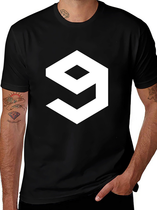 Geometric Number 9 Graphic Tee - Casual Black T-Shirt