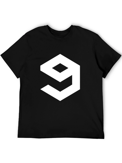 Geometric Number 9 Graphic Tee - Casual Black T-Shirt