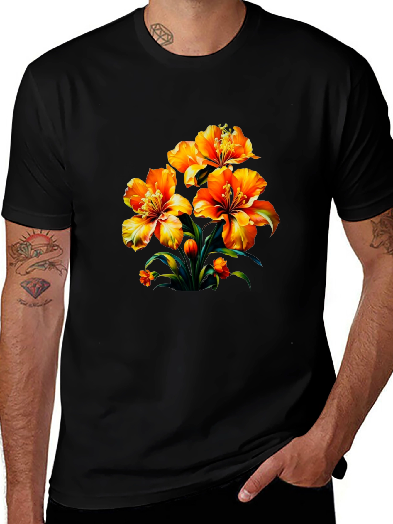 Floral Print Black Casual T-Shirt