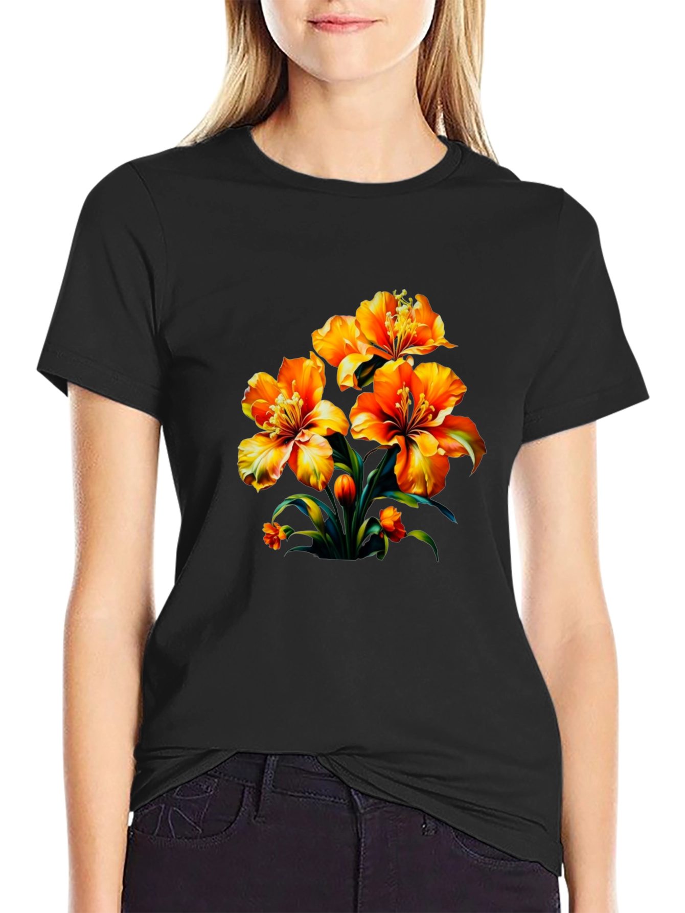 Floral Print Black Casual T-Shirt