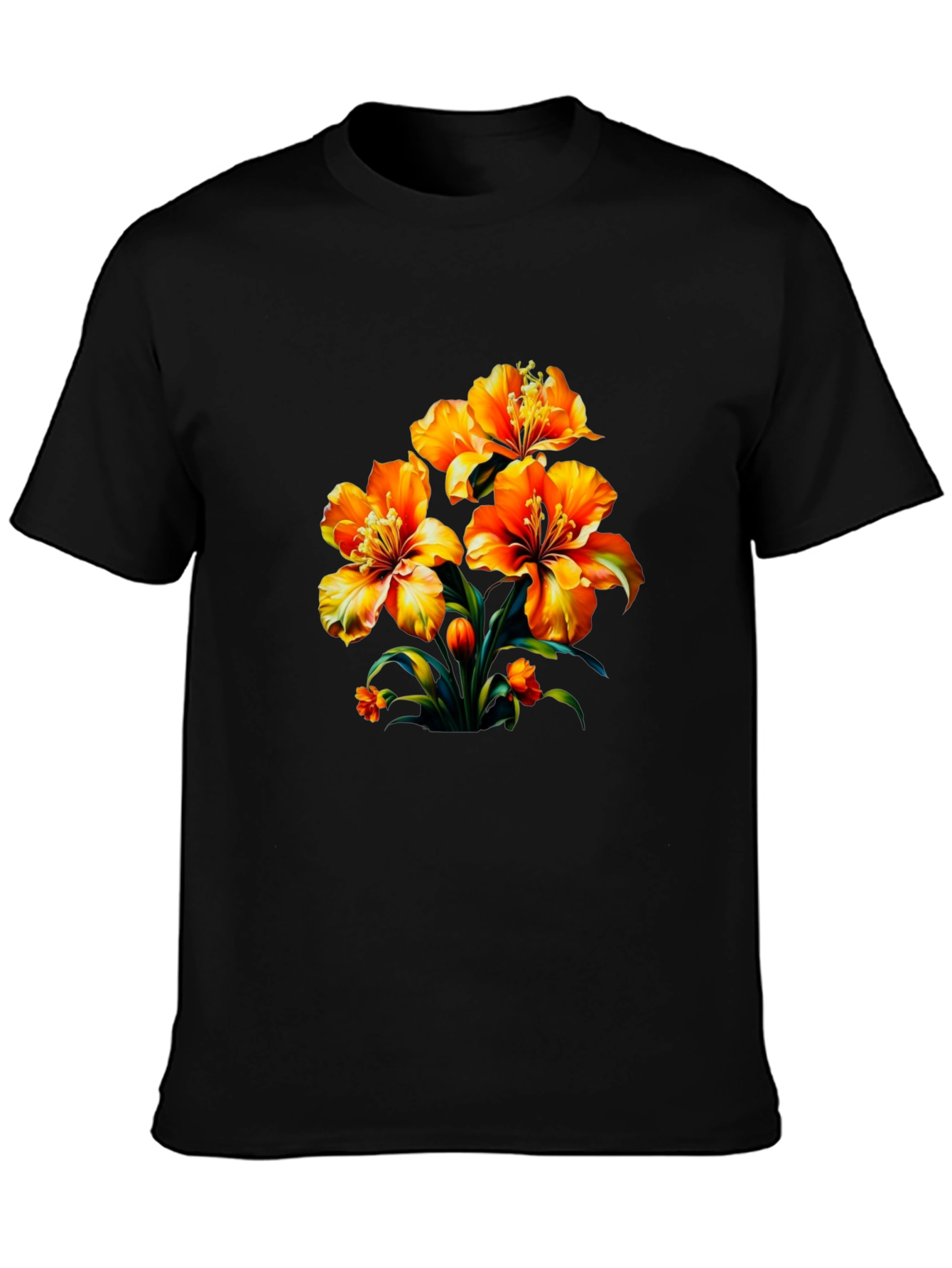 Floral Print Black Casual T-Shirt