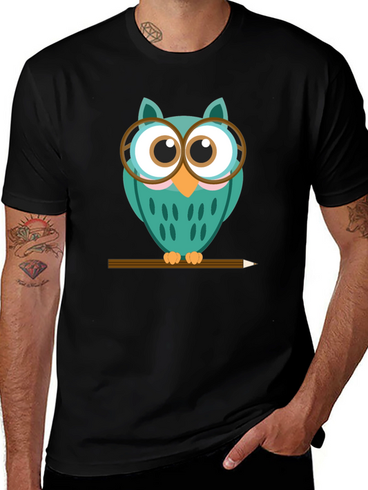 Whimsical Owl Graphic Tee - Black Cotton Blend Shirt