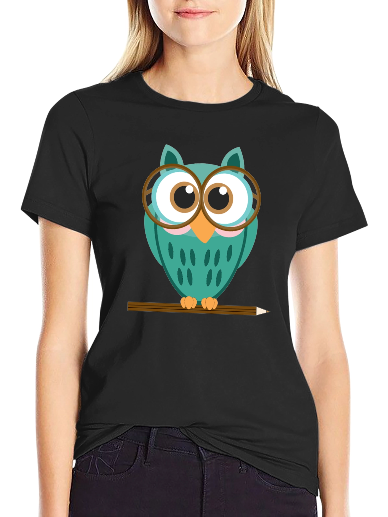 Whimsical Owl Graphic Tee - Black Cotton Blend Shirt
