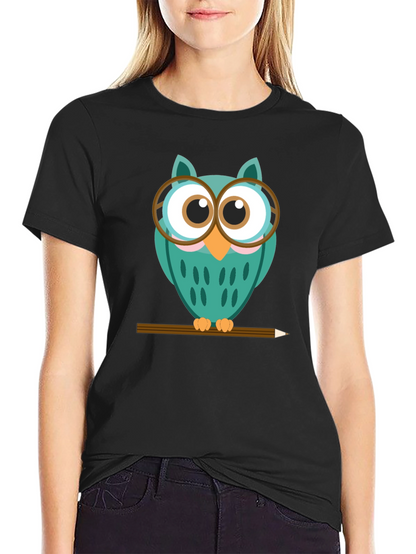 Whimsical Owl Graphic Tee - Black Cotton Blend Shirt
