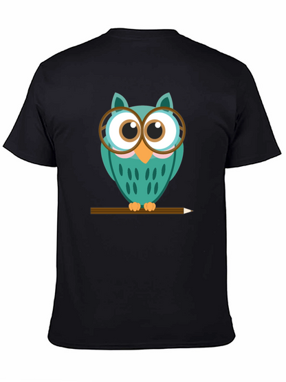 Whimsical Owl Graphic Tee - Black Cotton Blend Shirt