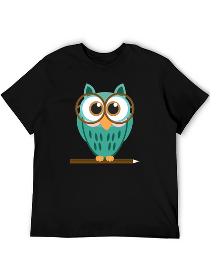 Whimsical Owl Graphic Tee - Black Cotton Blend Shirt