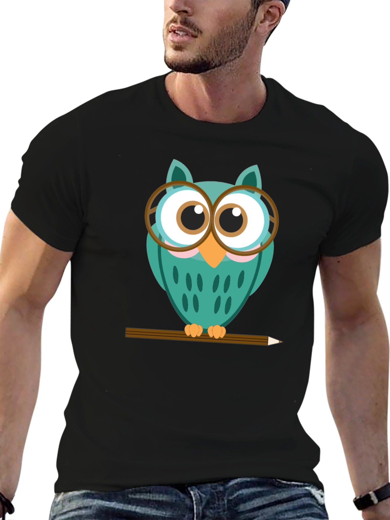 Whimsical Owl Graphic Tee - Black Cotton Blend Shirt