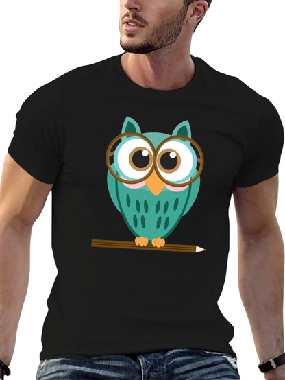 Whimsical Owl Graphic Tee - Black Cotton Blend Shirt