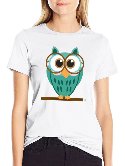 Whimsical Owl Graphic Tee - Black Cotton Blend Shirt