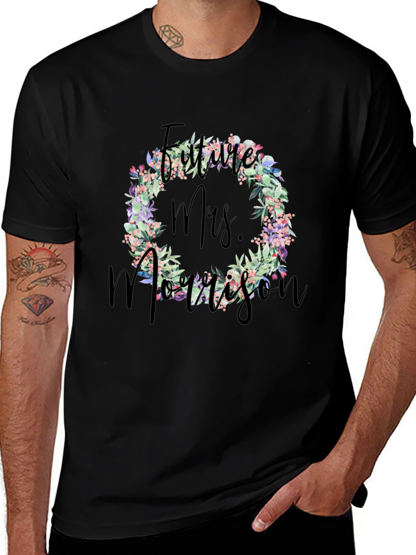 Future Mrs. Morrison Floral Wreath Black T-Shirt