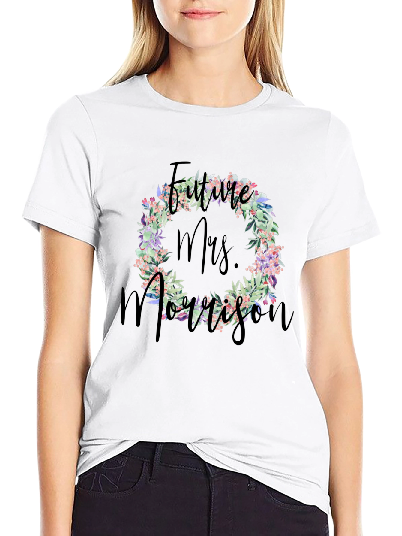 Future Mrs. Morrison Floral Wreath Black T-Shirt