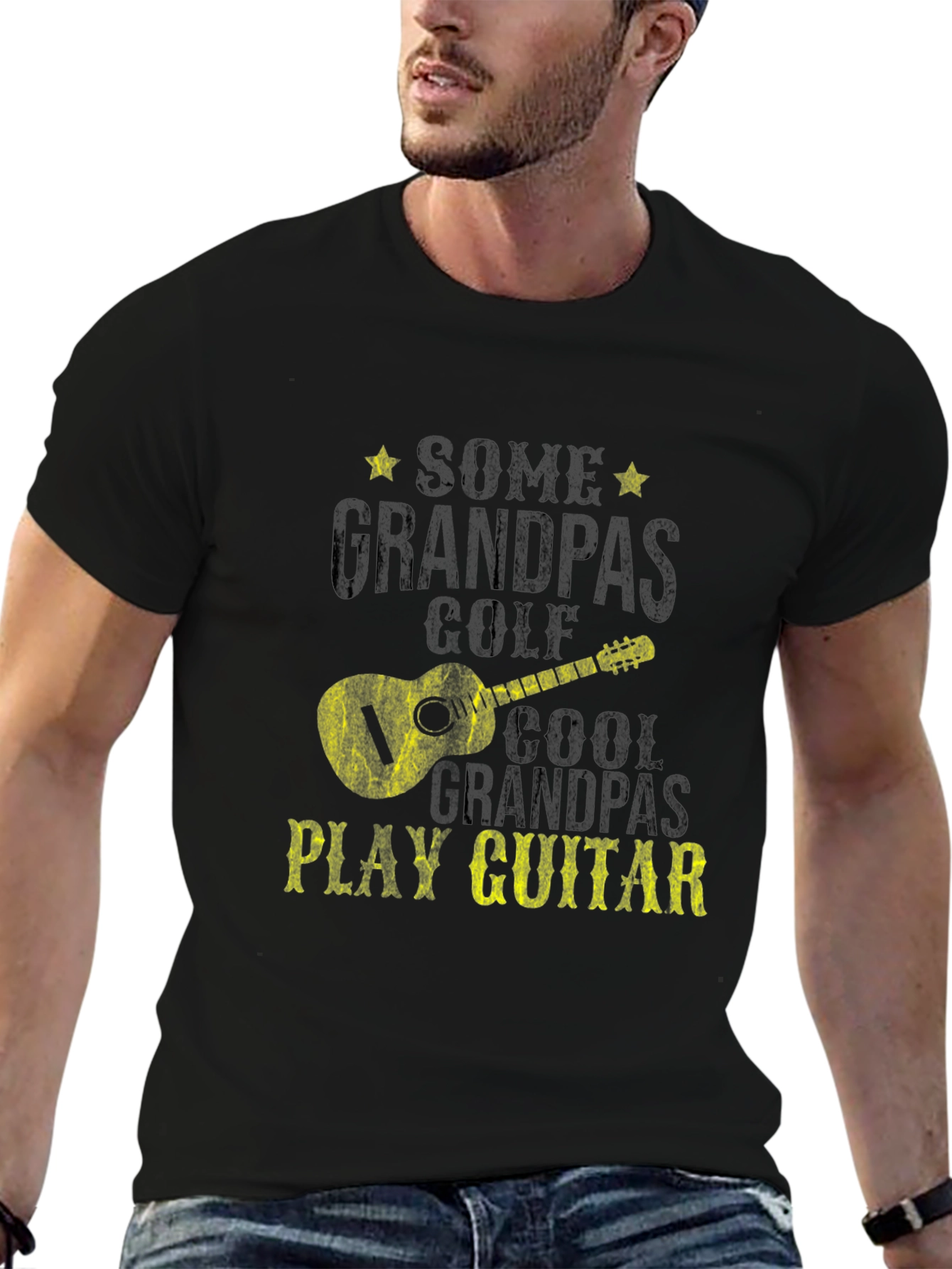 Cool Grandpas Play Guitar Black Graphic Tee