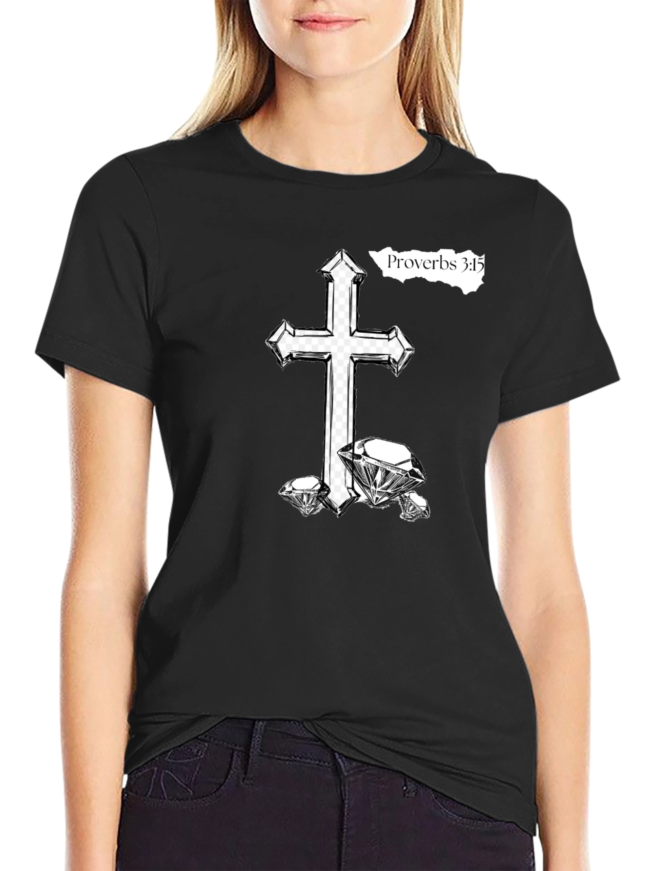 Cross & Diamonds Black T-Shirt - Proverbs 3:15