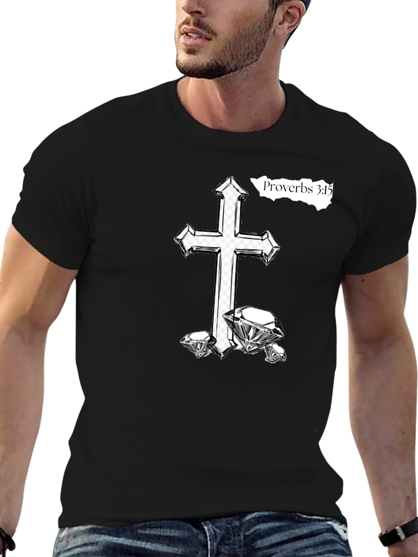 Cross & Diamonds Black T-Shirt - Proverbs 3:15