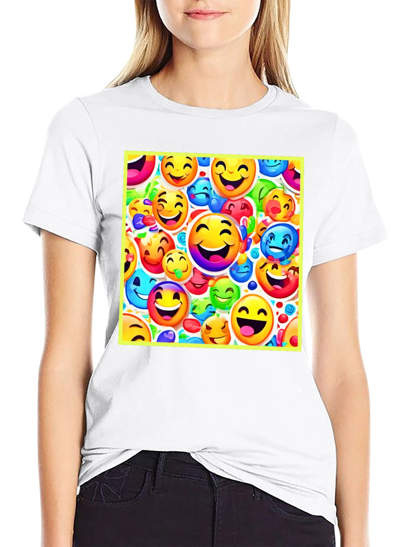 Emoji Face Pattern Black T-Shirt