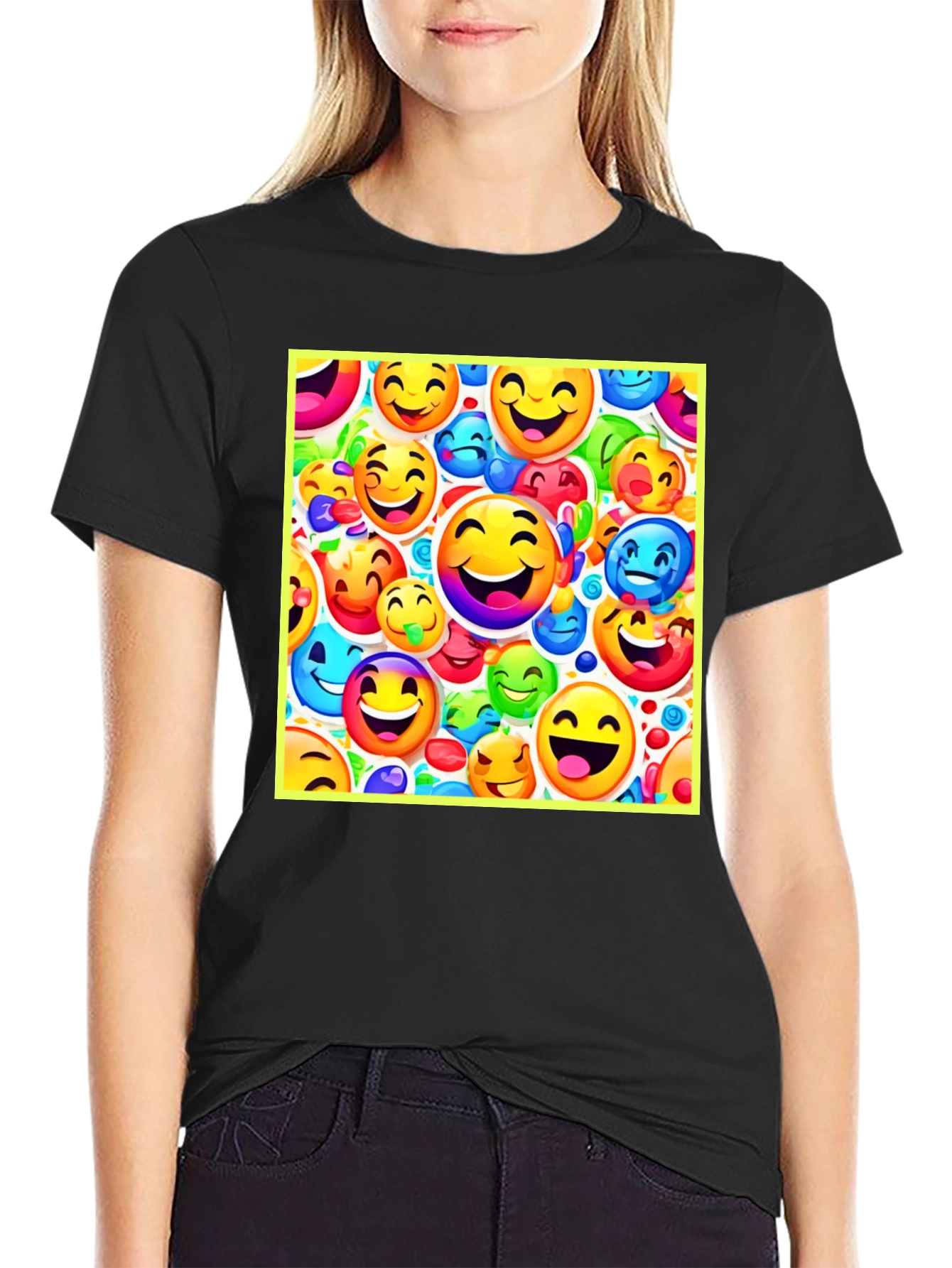 Emoji Face Pattern Black T-Shirt