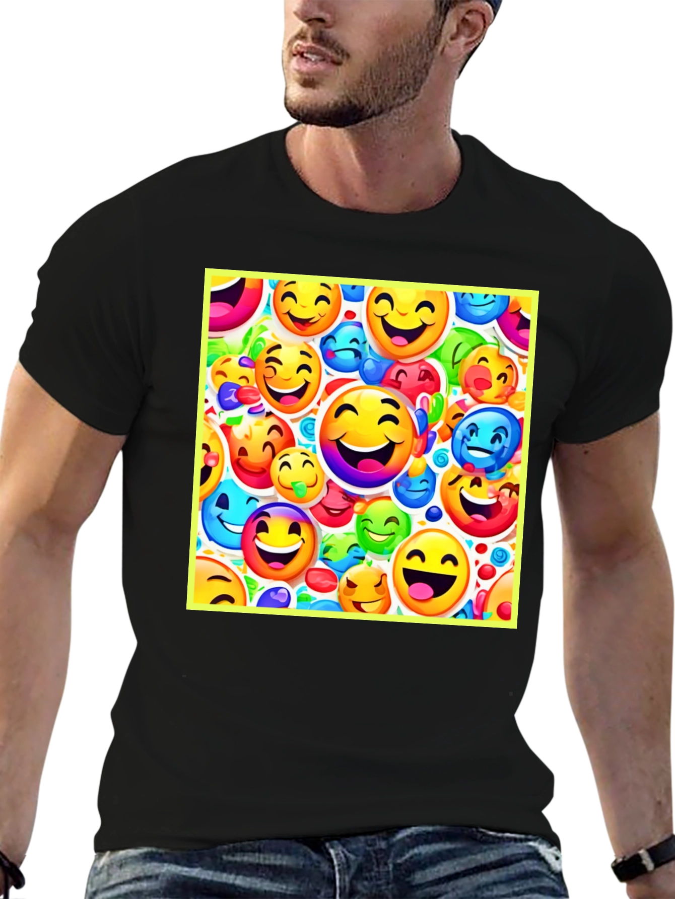 Emoji Face Pattern Black T-Shirt