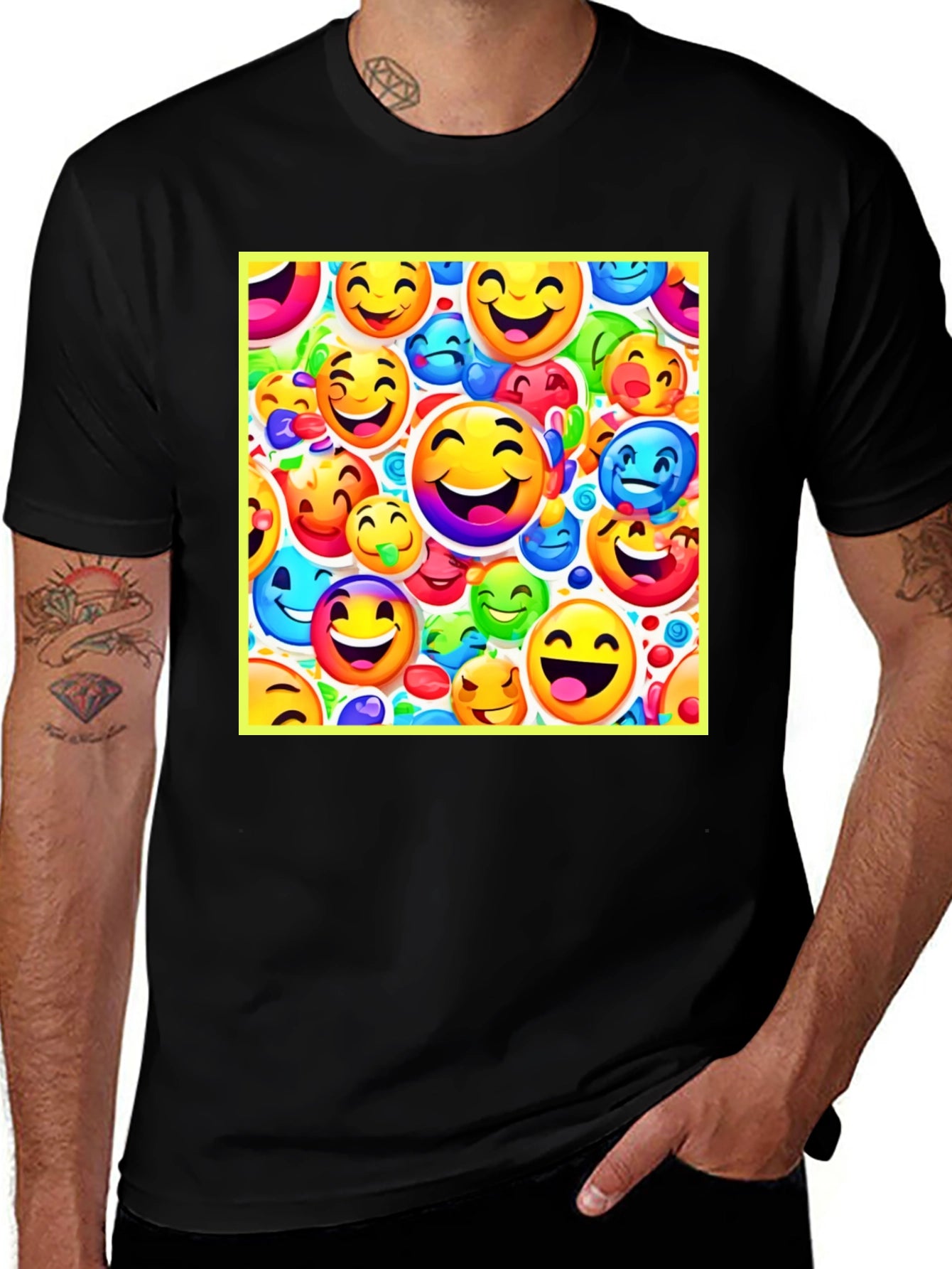 Emoji Face Pattern Black T-Shirt