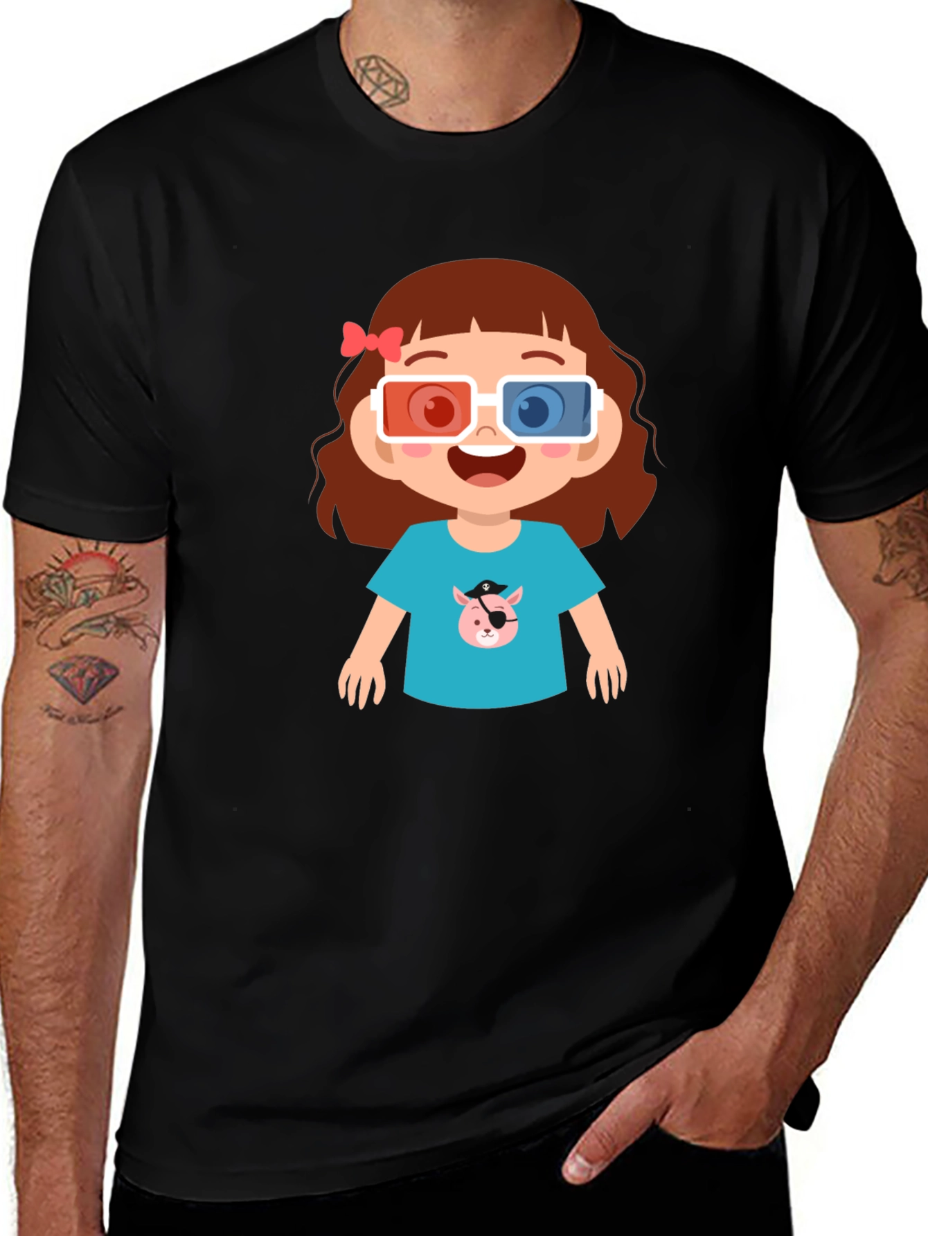 Cute Cartoon Girl 3D Glasses Black T-Shirt