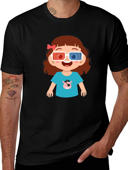 Cute Cartoon Girl 3D Glasses Black T-Shirt